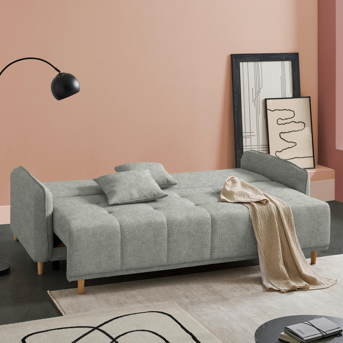 SCHLAFSOFA  in Chenille Grau  - Buchefarben/Grau, Design, Holz/Textil (217/97/101cm) - Carryhome