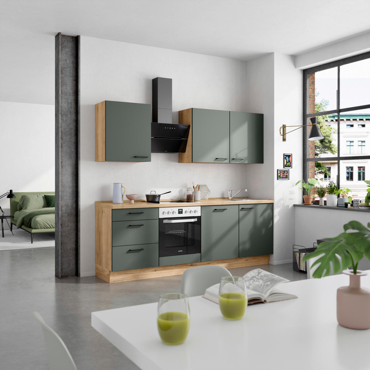 KÜCHENBLOCK Easytouch 240 cm  in Eichefarben, Dunkelgrün  - Dunkelgrün/Eichefarben, MODERN, Holzwerkstoff/Metall (240cm) - Nobilia