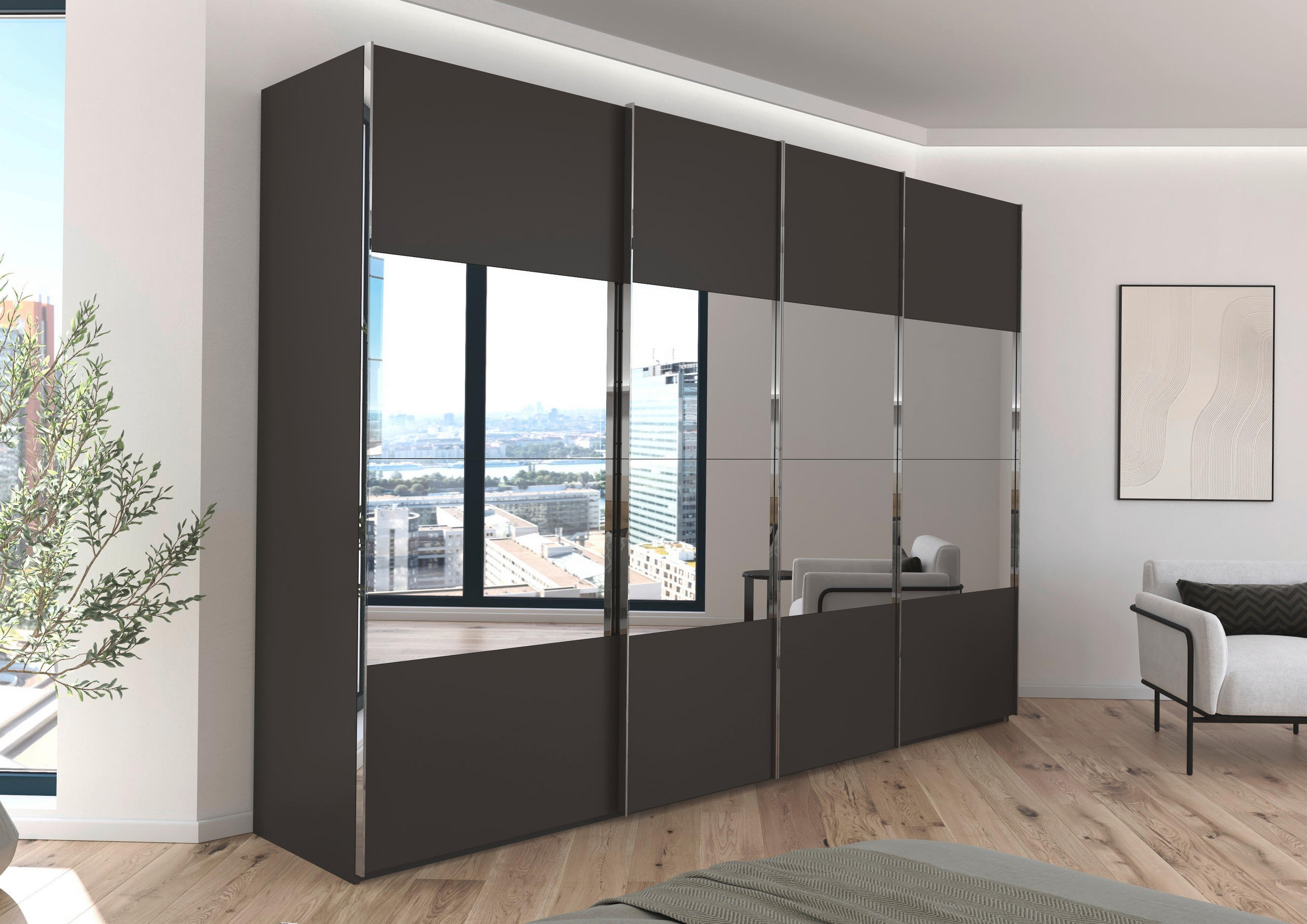 SCHWEBETÜRENSCHRANK 316/235/68 cm 4-türig Graphitfarben  - Chromfarben/Graphitfarben, Design, Glas/Holzwerkstoff (316/235/68cm) - Novel