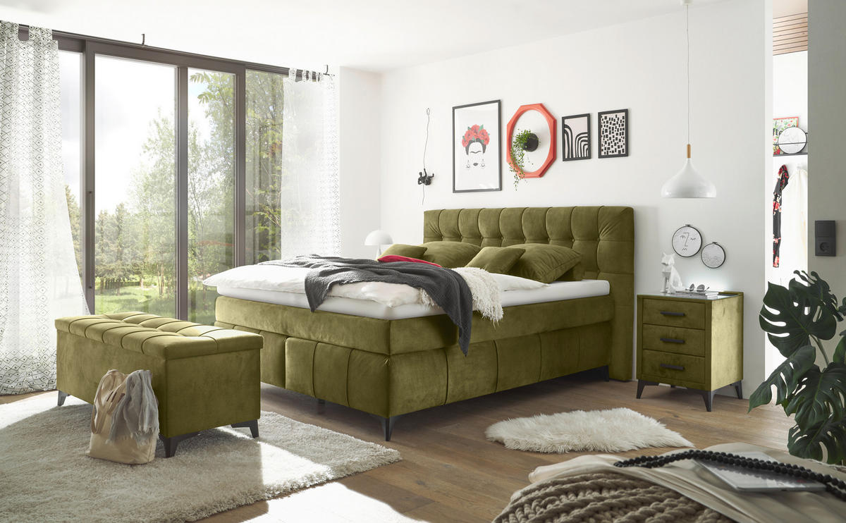 BOXSPRINGBETT 180/200 cm  in Olivgrün  - Schwarz/Olivgrün, KONVENTIONELL, Kunststoff/Textil (180/200cm) - Modante
