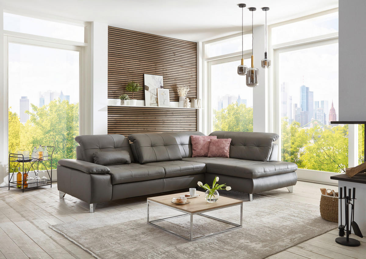 ECKSOFA in Echtleder Grau  - Alufarben/Grau, Design, Leder/Metall (309/211cm) - Beldomo Speed