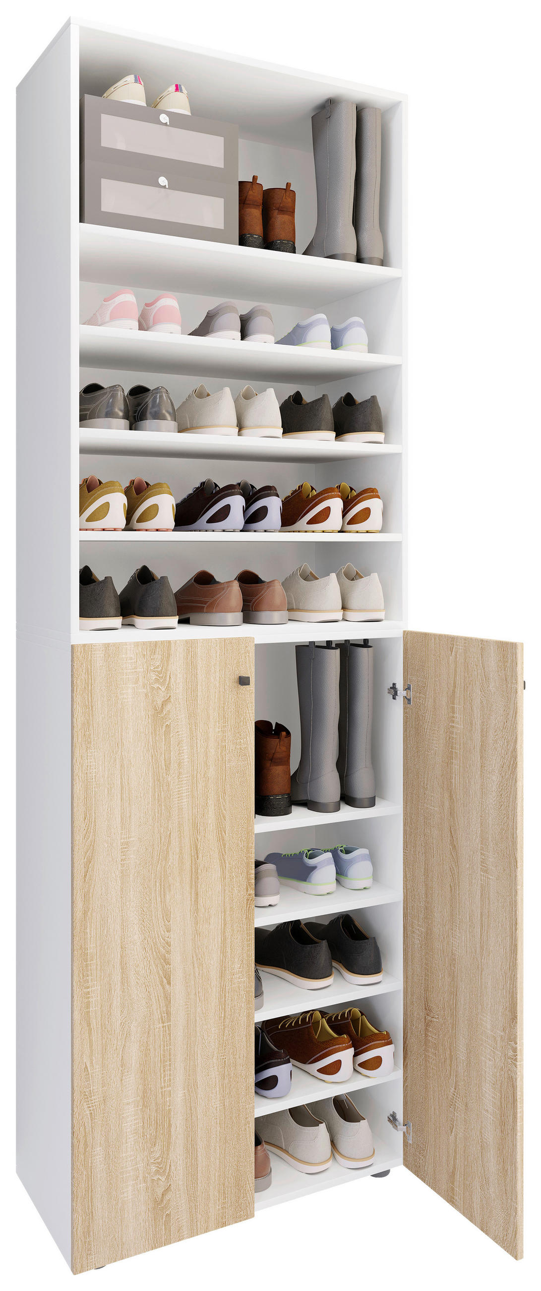 SCHUHSCHRANK Weiß, Sonoma Eiche  - Silberfarben/Schwarz, Design, Holzwerkstoff/Kunststoff (70/220/40cm) - MID.YOU