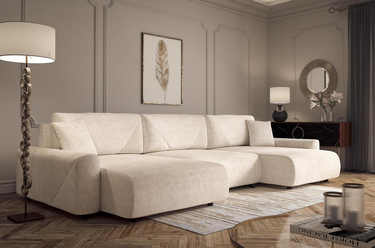 Wohnlandschaft inkl.Funktionen Beige Webstoff  - Beige/Schwarz, MODERN, Kunststoff/Textil (168/337/168cm) - Stylife