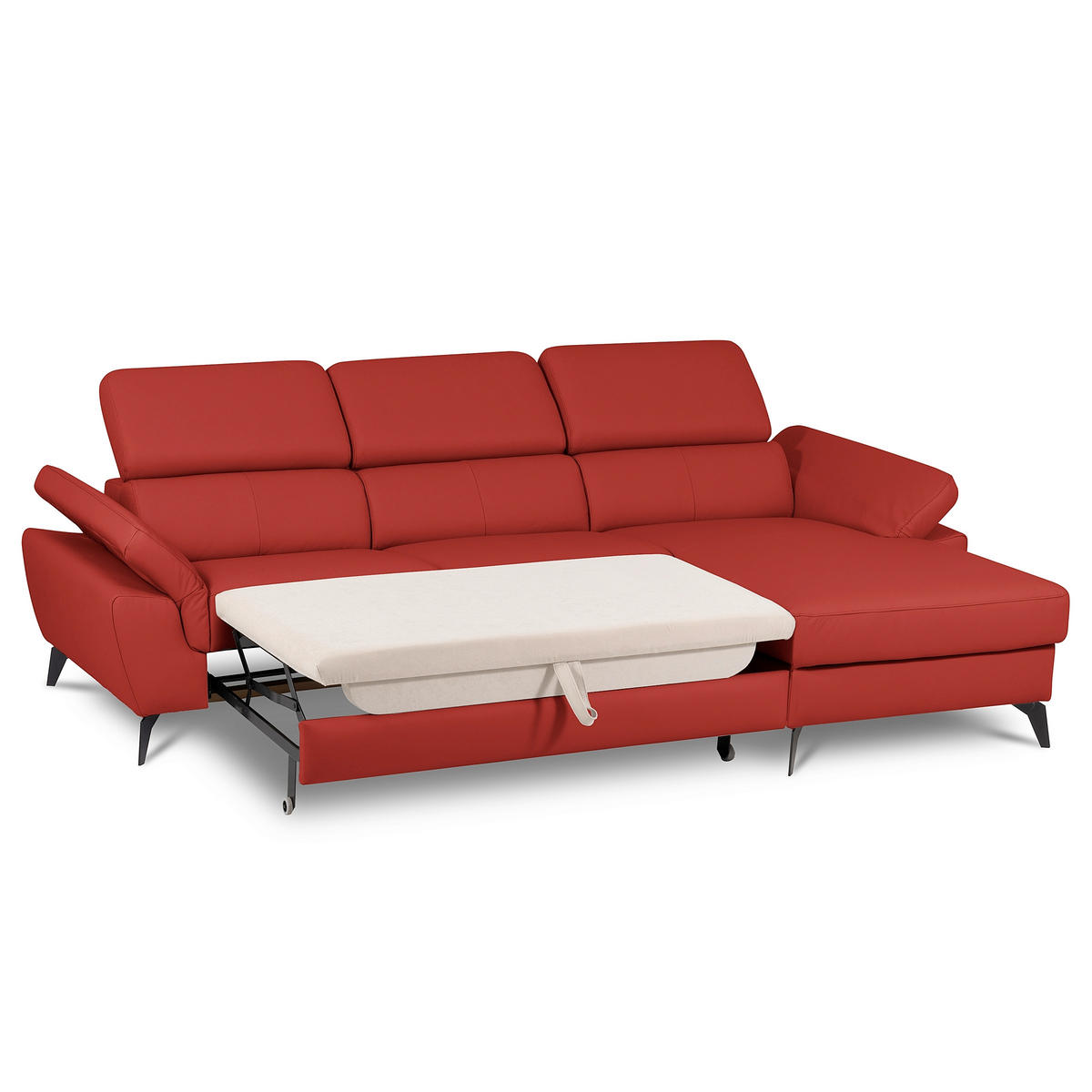 ECKSOFA SONO in Lederlook Echtleder Rot Bettkasten, Armteilverstellung, Kopfteilverstellung  252/179 cm  - Rot/Schwarz, Design, Leder/Textil (252/179cm) - Livetastic