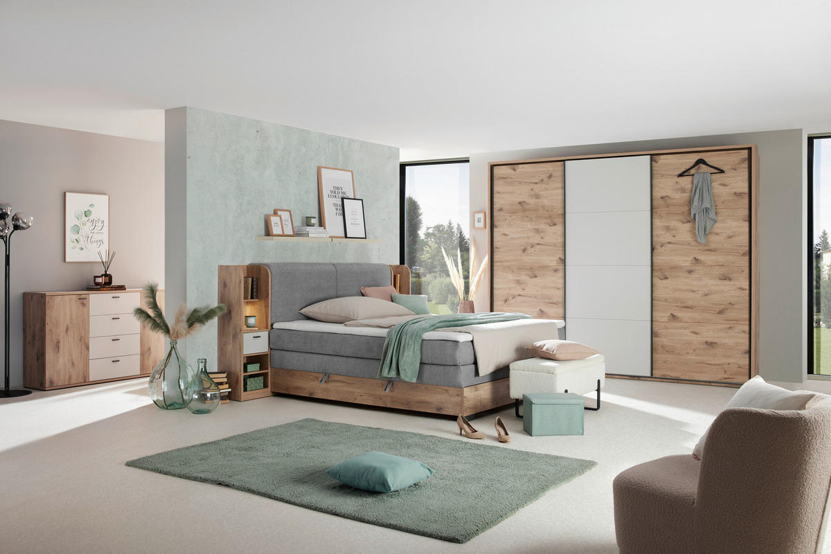 BOXSPRINGBETT 180/200 cm  in Eichefarben, Hellgrau  - Eichefarben/Hellgrau, Lifestyle, Holzwerkstoff/Kunststoff (180/200cm) - MID.YOU