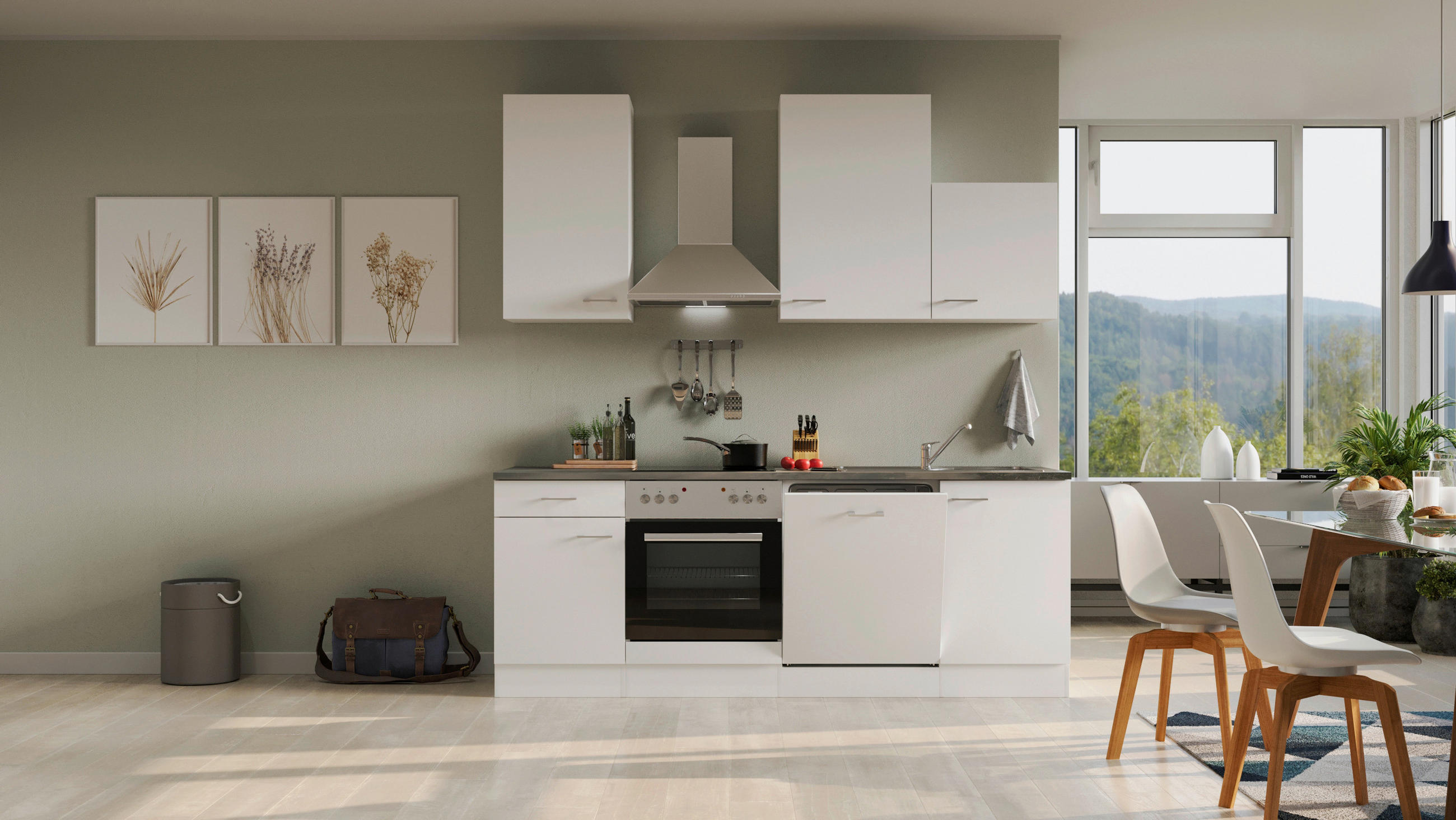 KÜCHENBLOCK 220 cm in Weiß - Graubraun/Alufarben, MODERN, Holzwerkstoff/Kunststoff (220cm) - FlexWell