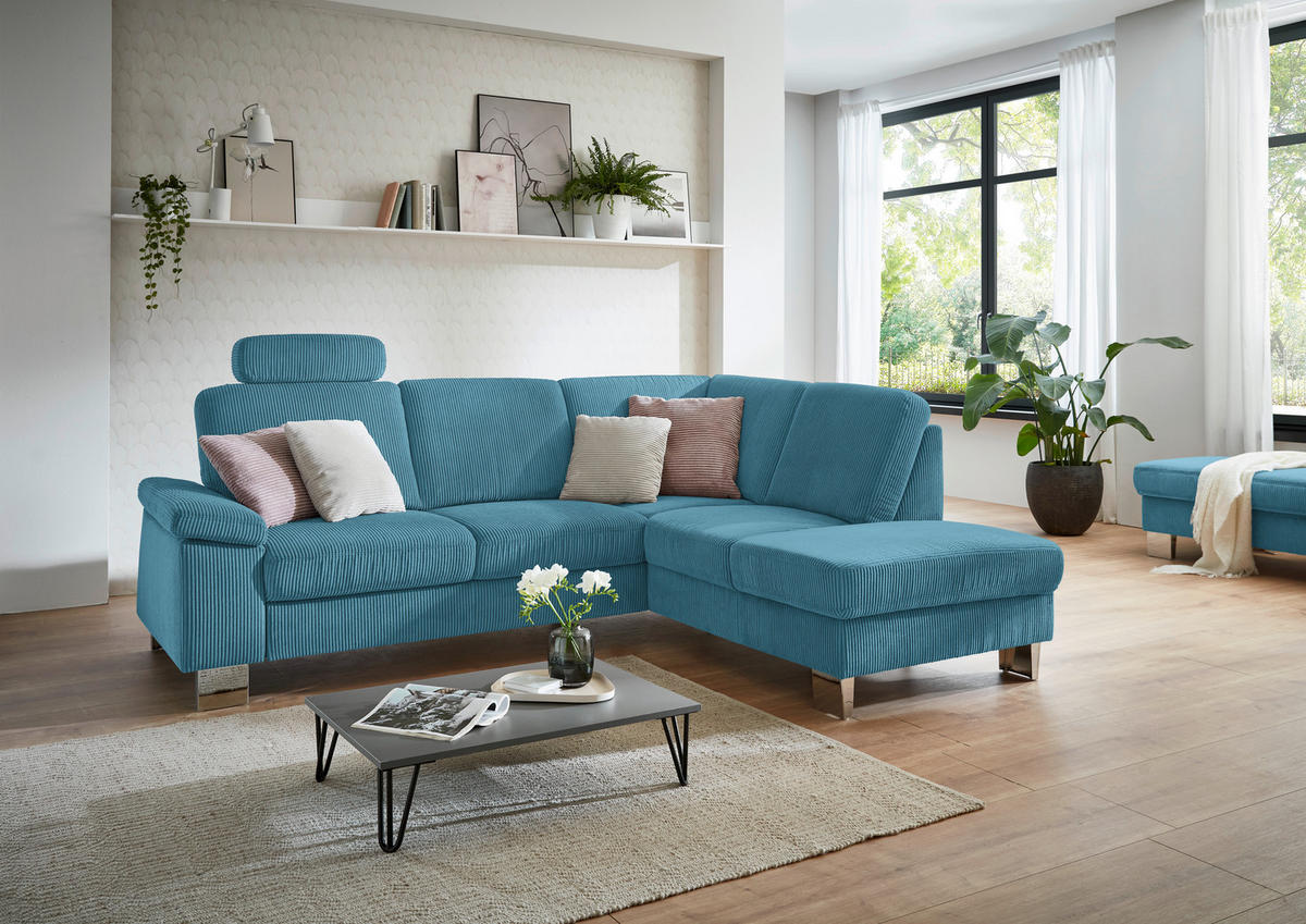 ECKSOFA in Cord Petrol  - Edelstahlfarben/Petrol, Konventionell, Textil/Metall (248/200cm) - Beldomo System
