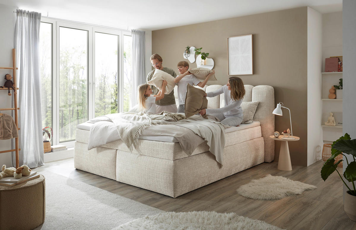 BOXSPRINGBETT 240/200 cm,  in Creme, gepolstertes Kopfteil, Topper, Matratzen, H3 + H4 = fest + sehr fest  - Creme/Schwarz, LIFESTYLE, Holzwerkstoff/Kunststoff (240/200cm) - Boxxx