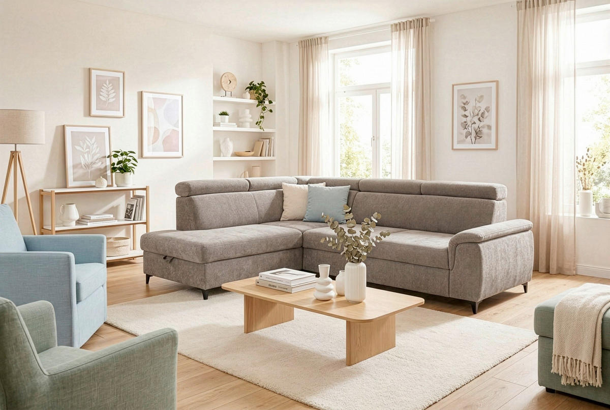 ECKSOFA Taupe Chenille Bettkasten, Schlaffunktion, Rücken echt, Kopfteilverstellung, Liegefläche im Originalstoff  - Taupe/Schwarz, KONVENTIONELL, Textil/Metall (206/265cm) - Carryhome