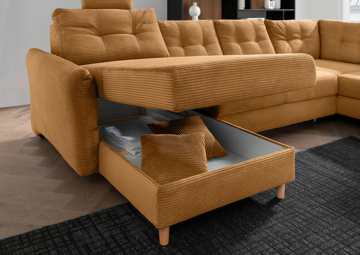 WOHNLANDSCHAFT in Cord Goldfarben  - Goldfarben/Naturfarben, Modern, Holz/Textil (176/338-352/206cm) - Livetastic