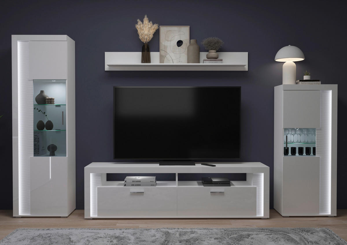 OBÝVACÍ STĚNA, vysoce lesklá bílá - barvy stříbra/vysoce lesklá bílá, Design, kompozitní dřevo/plast (351/202/46cm) - MID.YOU