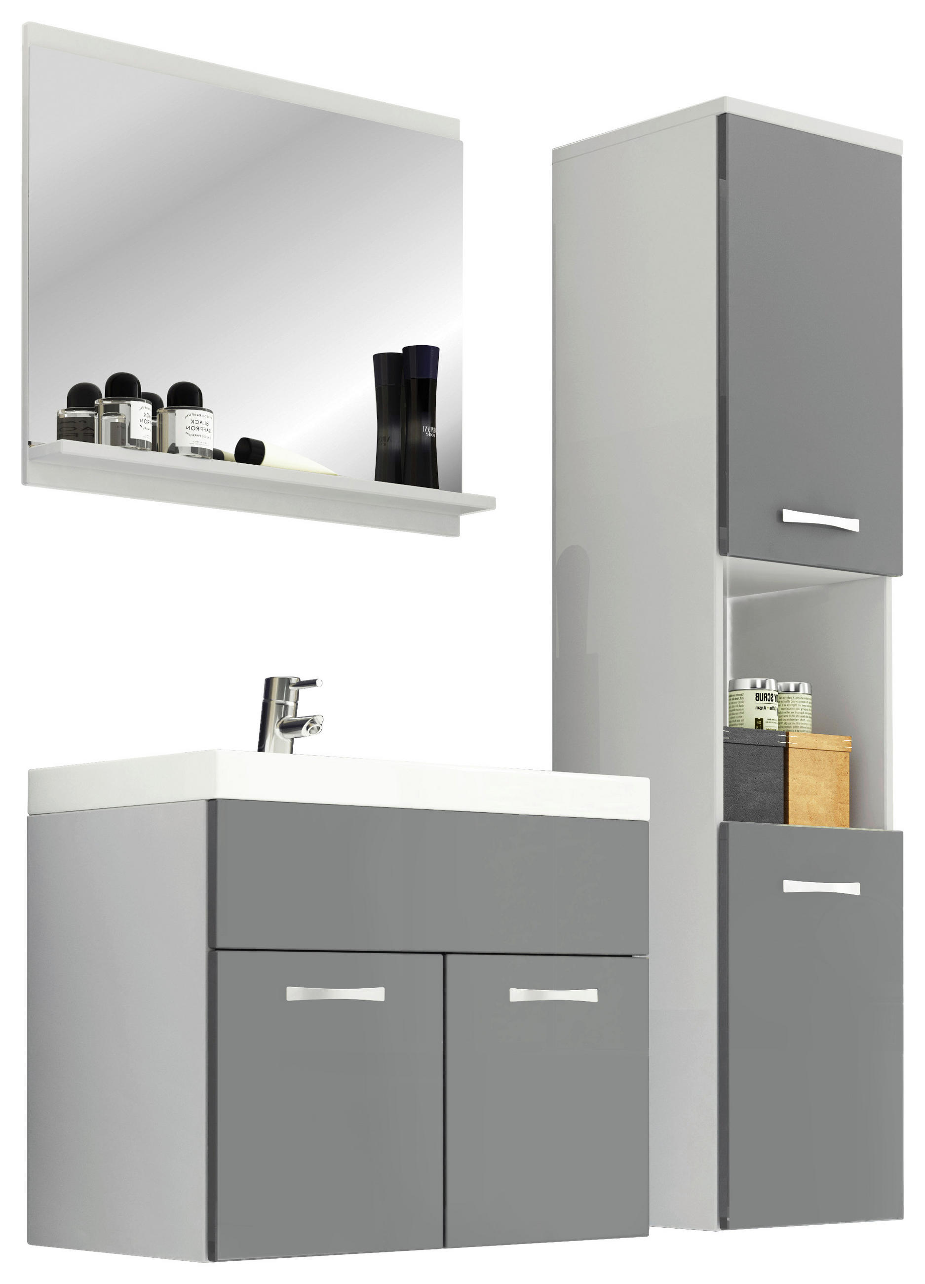 BADEZIMMER 4-teilig  in 90 cm  - Weiß/Grau, LIFESTYLE, Holzwerkstoff/Metall (90cm) - P & B