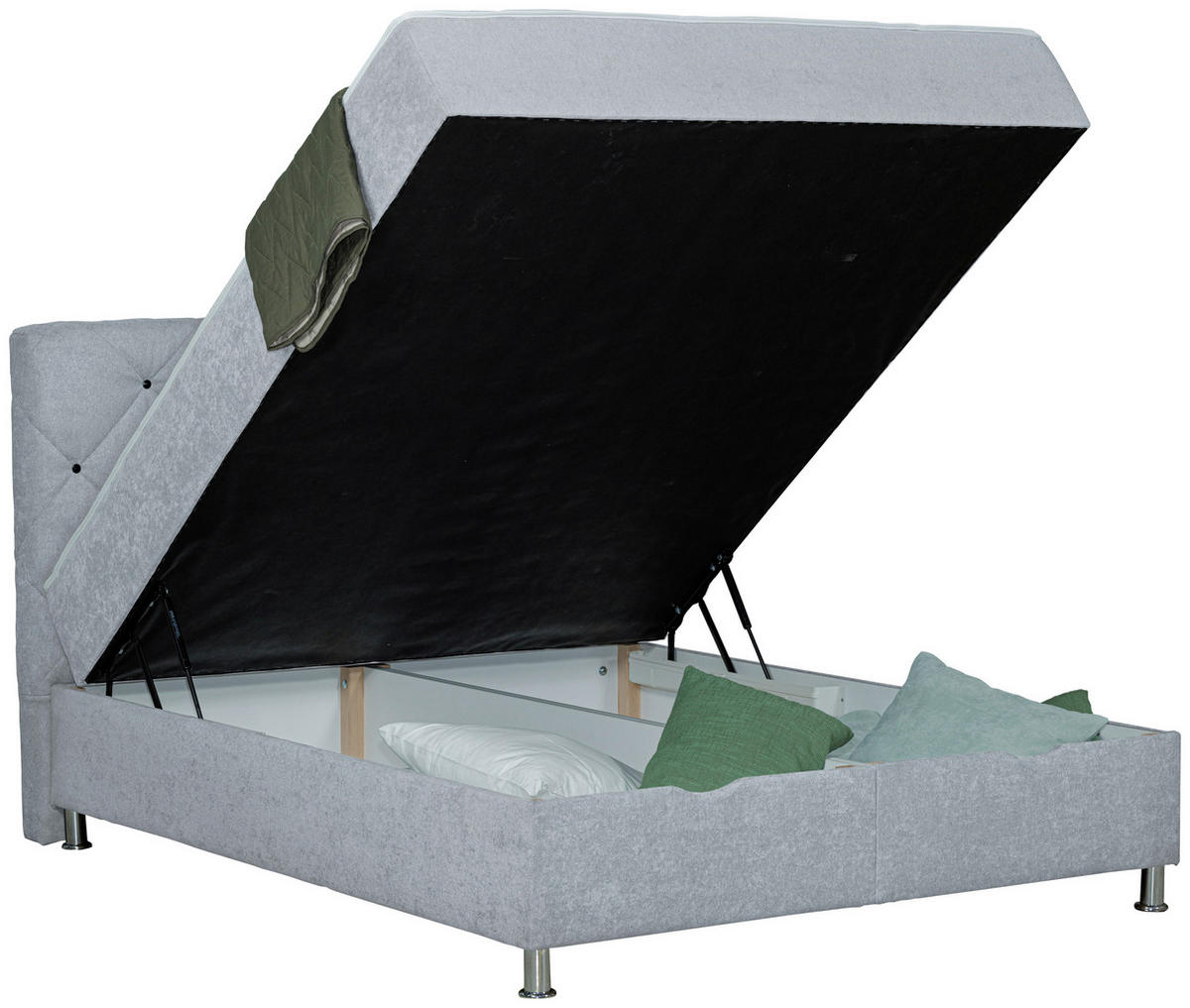 BOXBETT 160/200 cm,  in Hellgrau, Matratze, gepolstertes Kopfteil, Bettkasten, H3 = fest  - Chromfarben/Hellgrau, Design, Kunststoff/Textil (160/200cm) - Boxxx