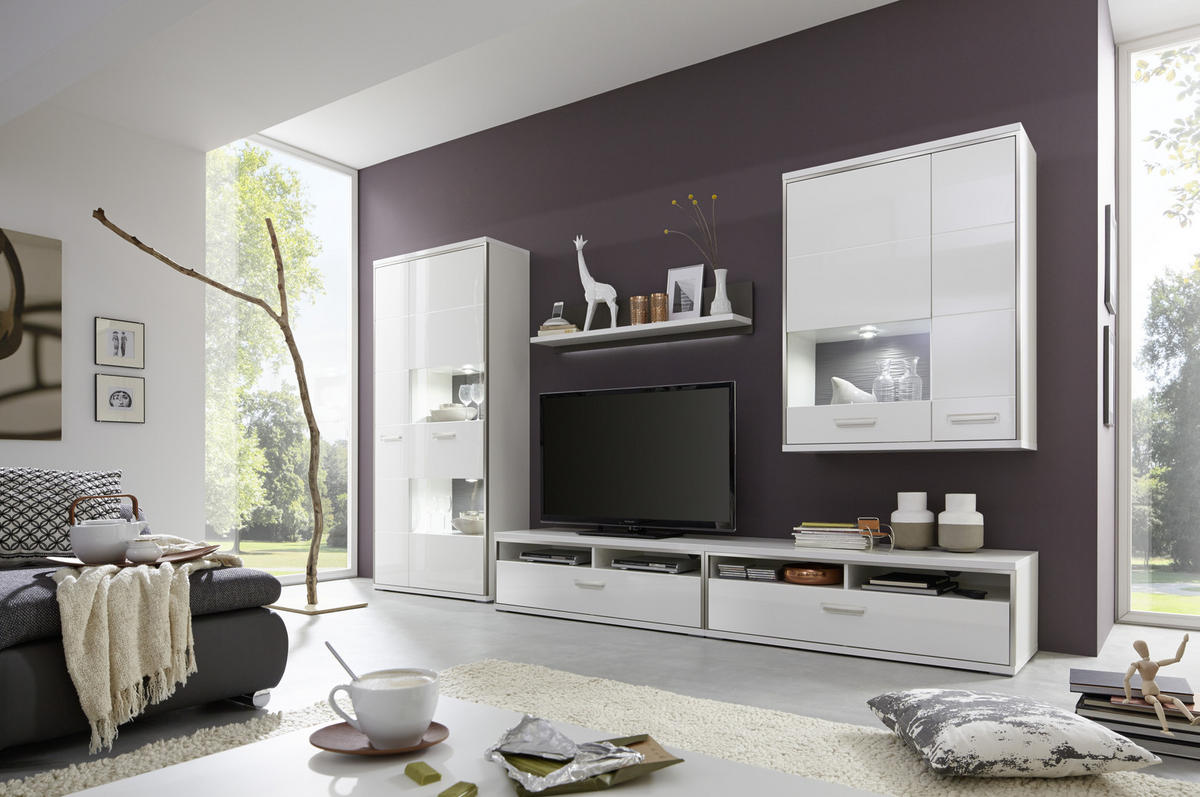 WOHNWAND  in Grau, Silberfarben, Weiss 351/201/52 cm  - Weiss Hochglanz/Weiss, Design, Glas/Holzwerkstoff (351/201/52cm) - Livetastic