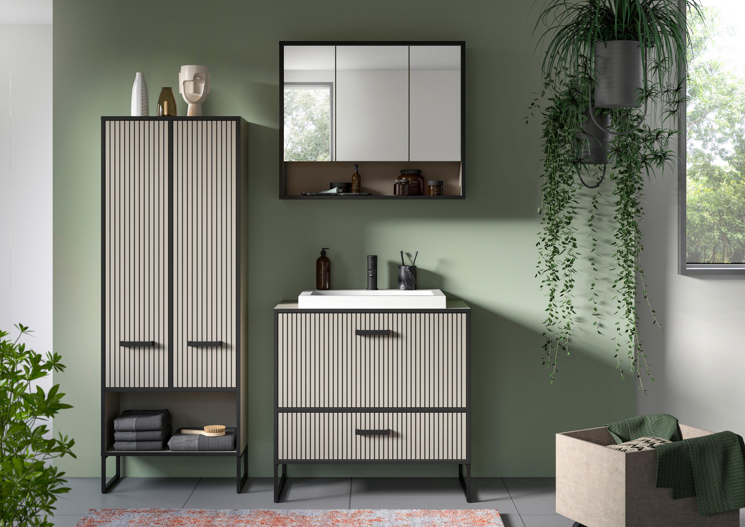 BADEZIMMER 3-teilig  in 142 cm  - Kaschmir/Schwarz, MODERN, Holzwerkstoff/Metall (142cm) - MID.YOU