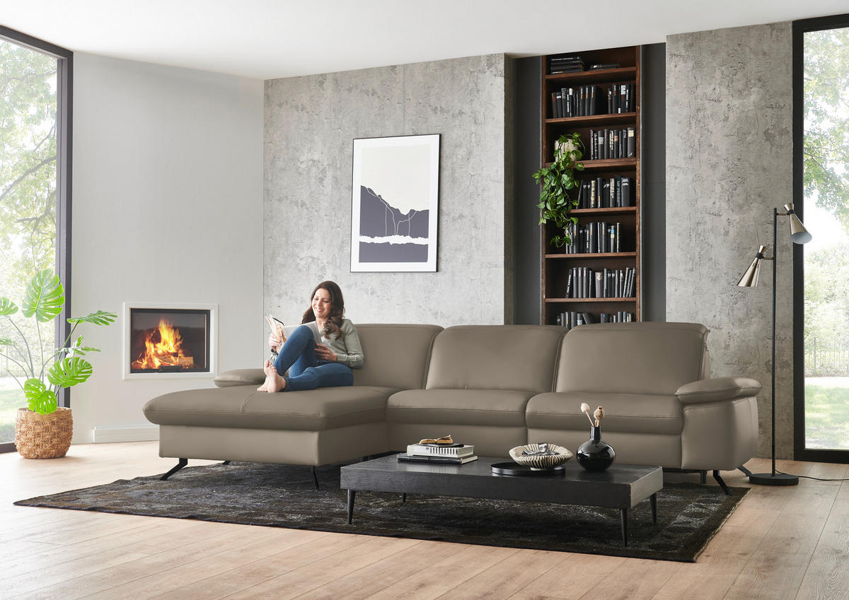 ECKSOFA  Echtleder Greige  - Greige/Schwarz, Design, Leder/Metall (169/307cm) - Beldomo Premium