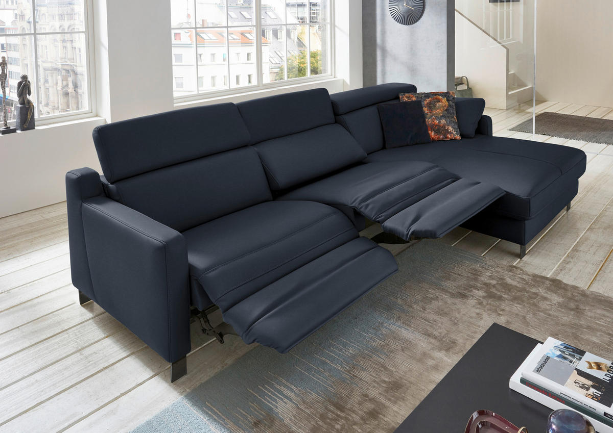 ECKSOFA in Echtleder Dunkelblau  - Schwarz/Dunkelblau, Design, Leder/Metall (291/176cm) - Valdera