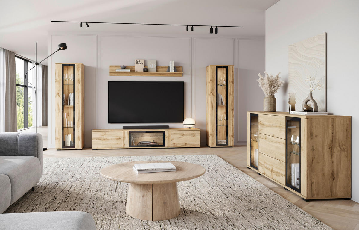 SIDEBOARD Caro 150/69,7/39,5 cm 3 Schublade(n)  - Eiche Wotan/Schwarz, Design, Glas/Holzwerkstoff (150/69,7/39,5cm) - P & B