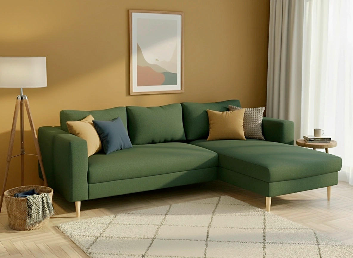 ECKSOFA  in Struktur Dunkelgrün  232/161 cm  - Dunkelgrün/Buchefarben, MODERN, Holz/Textil (232/161cm) - Trendmanufaktur