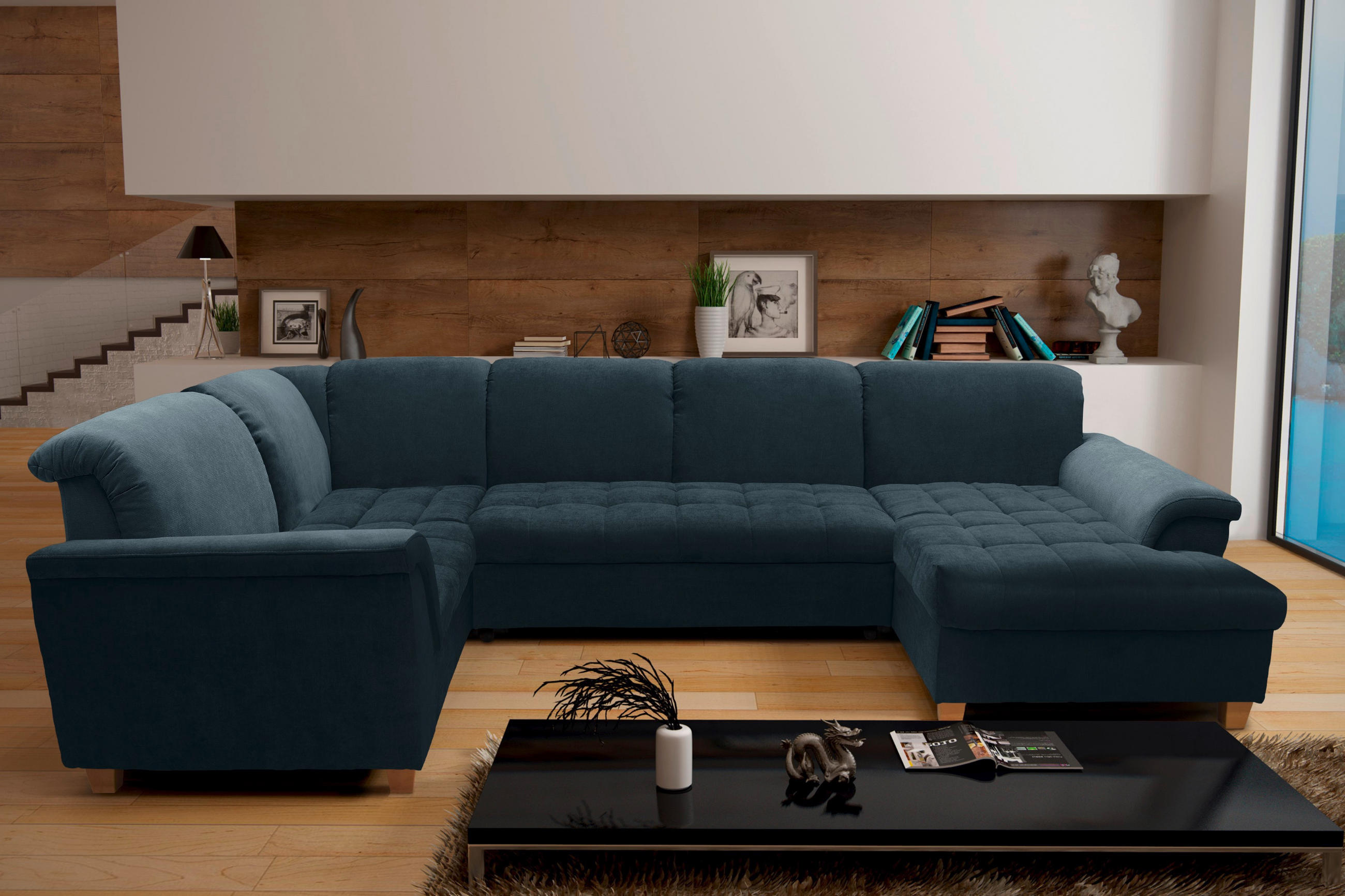 WOHNLANDSCHAFT Dunkelblau Mikrofaser  - Eichefarben/Dunkelblau, KONVENTIONELL, Holz/Textil (206/344/162cm) - MID.YOU