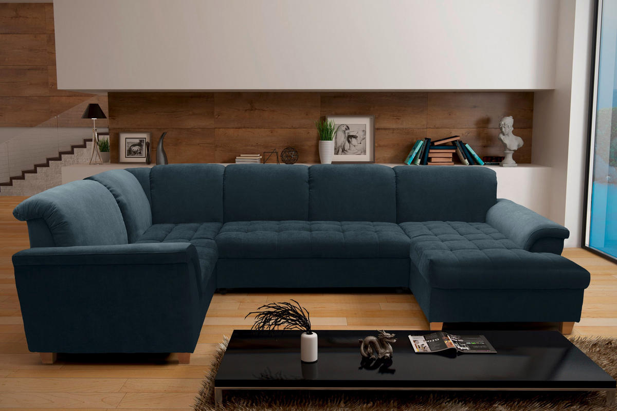 WOHNLANDSCHAFT Dunkelblau Mikrofaser  - Eichefarben/Dunkelblau, KONVENTIONELL, Holz/Textil (206/344/162cm) - MID.YOU