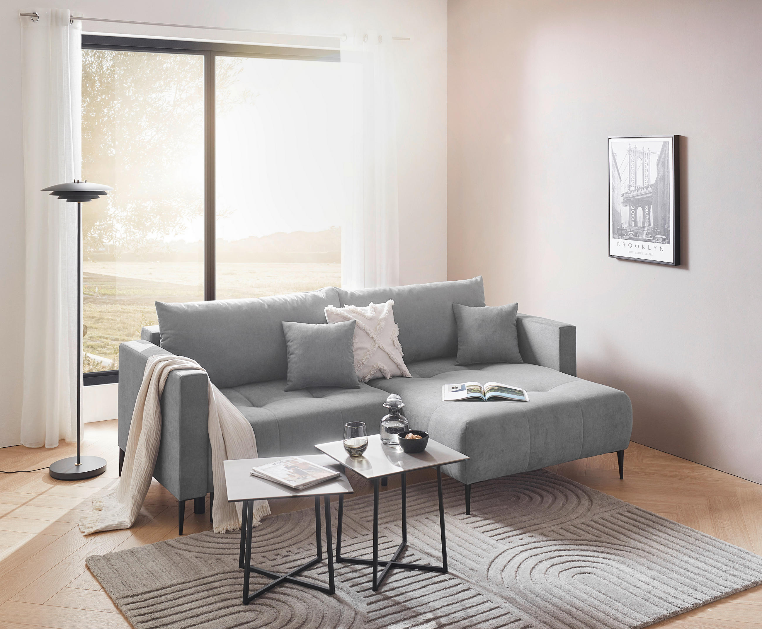 KUTNA GARNITURA tekstil  svijetlo siva   - svijetlo siva/crna, Konvencionalno, tekstil/metal (226/155cm) - Carryhome
