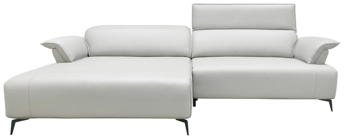 ECKSOFA Hellgrau, Schwarz Echtleder Rückenkissen, Rücken echt, Kopfteilverstellung, Sitztiefenverstellung, Fußteilverstellung, Armlehnenkissen  - Hellgrau/Schwarz, Design, Leder/Metall (280/75-100/112-176cm) - Celina Home