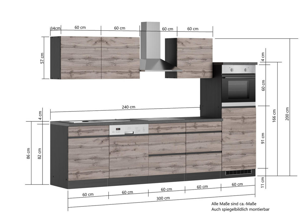 KÜCHENBLOCK 300 cm   in Grau, Eiche Wotan  - Eiche Wotan/Grau, Design, Holzwerkstoff (300cm) - Held