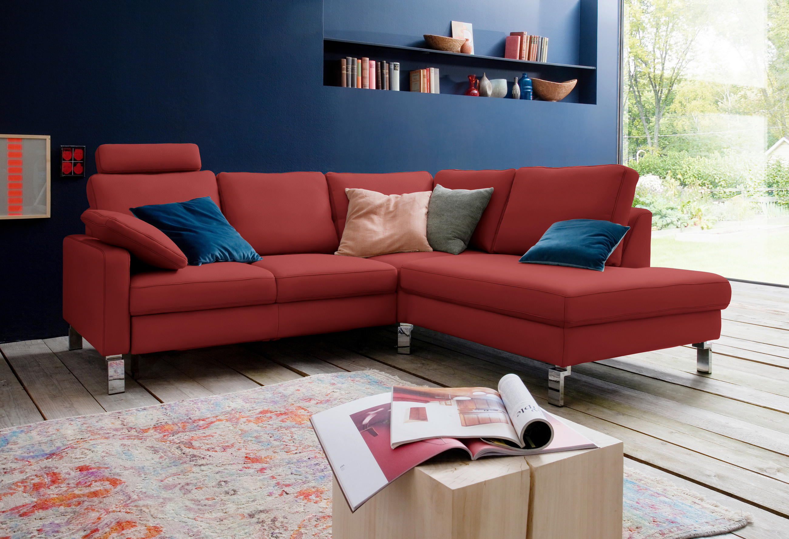 ECKSOFA in Echtleder Rot  - Chromfarben/Rot, Design, Leder/Metall (281/200cm) - Pure Home Lifestyle