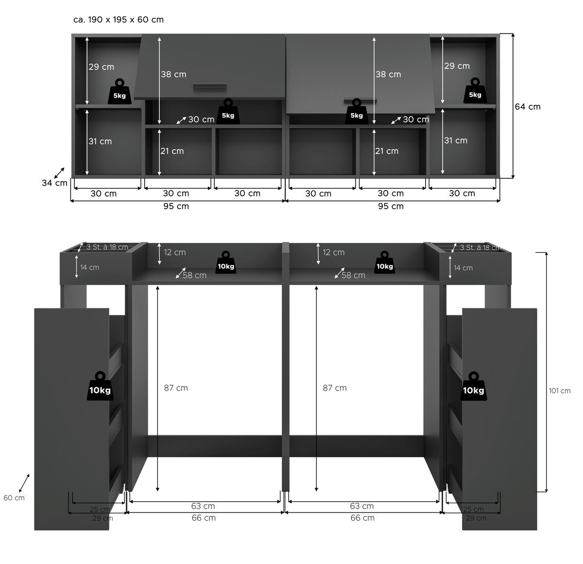 HAUSWIRTSCHAFTSRAUM 190/195/60 cm  in Anthrazit  - Anthrazit, Basics, Holzwerkstoff (190/195/60cm) - MID.YOU