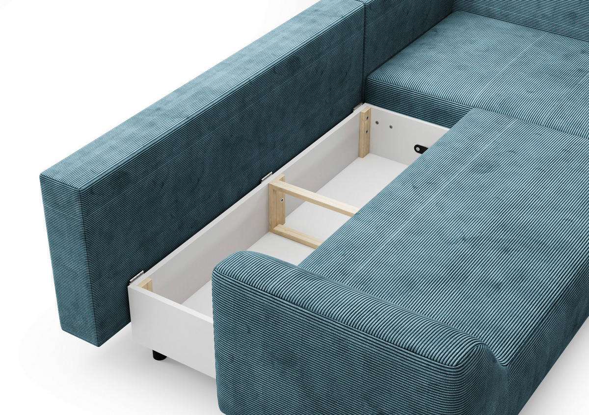 ECKSCHLAFSOFA  mit Bettkasten erhältlich, seitenverkehrt erhältlich, Schlafen auf Sitzhöhe, Bettfunktion erhältlich, Rücken echt Cord Mintgrün  - Schwarz/Mintgrün, Design, Textil/Metall (273/167cm) - MID.YOU