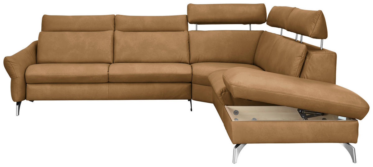 ECKSOFA in Echtleder Honig, Currygelb  - Currygelb/Edelstahlfarben, Konventionell, Leder/Metall (296/242cm) - Himolla Komfortklass