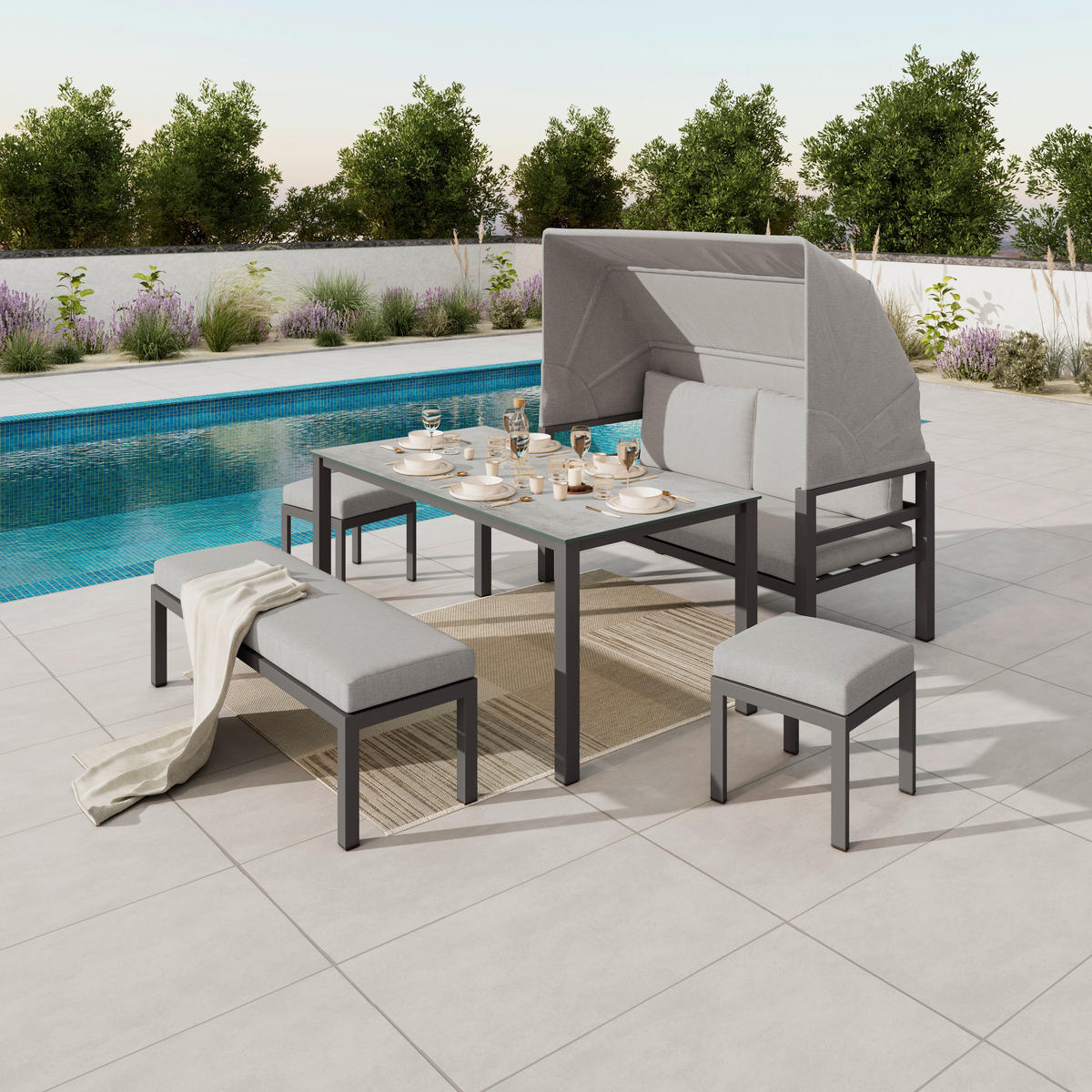 DINING-LOUNGESET  5-teilig  - Anthrazit/Grau, Modern, Glas/Textil - Ambia Garden