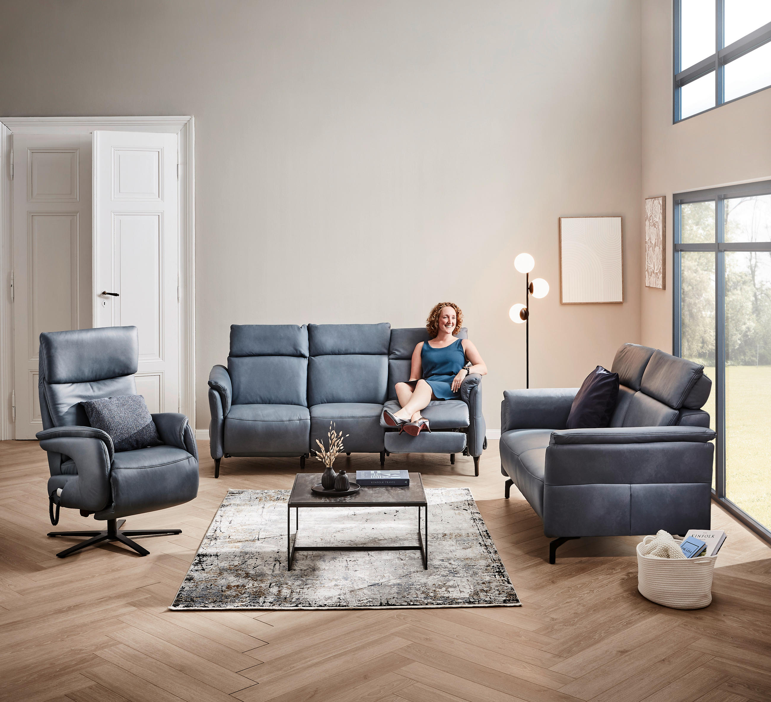 TRAPEZSOFA Echtleder Graublau  - Graublau/Schwarz, KONVENTIONELL, Leder/Metall (221/103/95cm) - Dieter Knoll