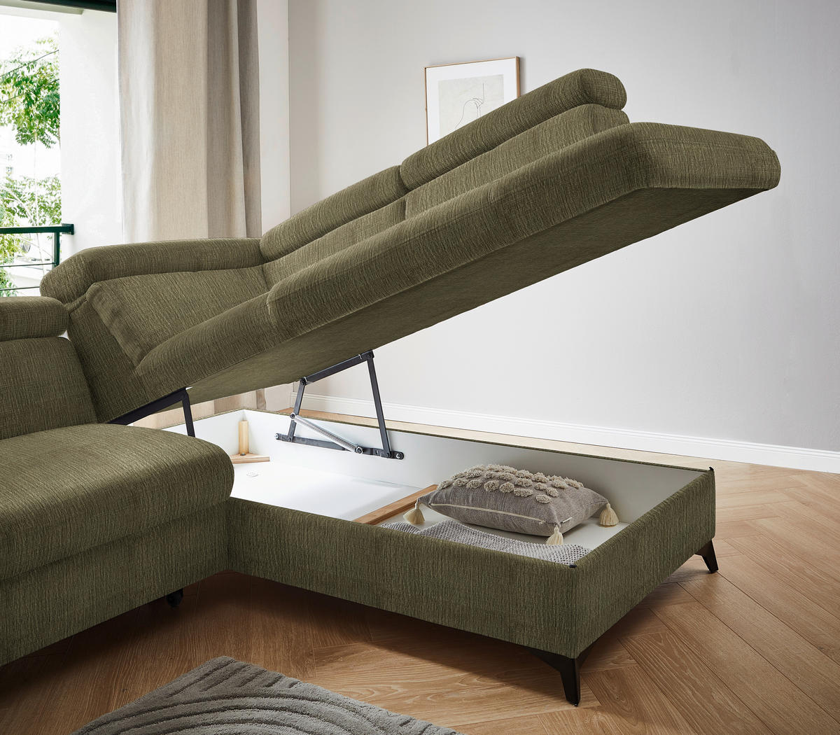 ECKSOFA in Flachgewebe Grün  - Schwarz/Grün, Design, Textil/Metall (260/203cm) - Stylife
