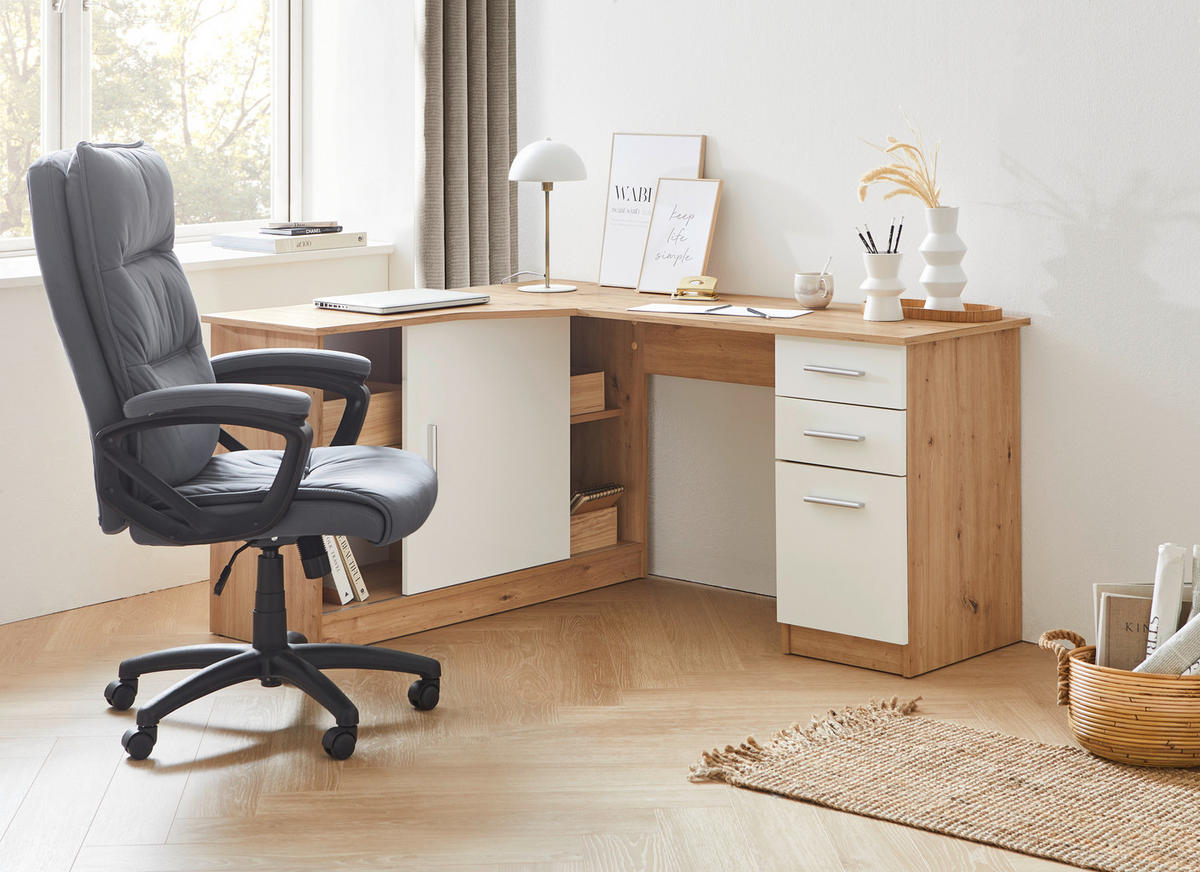 ECKSCHREIBTISCH 120/150/75 cm  in Weiß, Eichefarben  - Eichefarben/Alufarben, KONVENTIONELL, Holzwerkstoff/Kunststoff (120/150/75cm) - Venda
