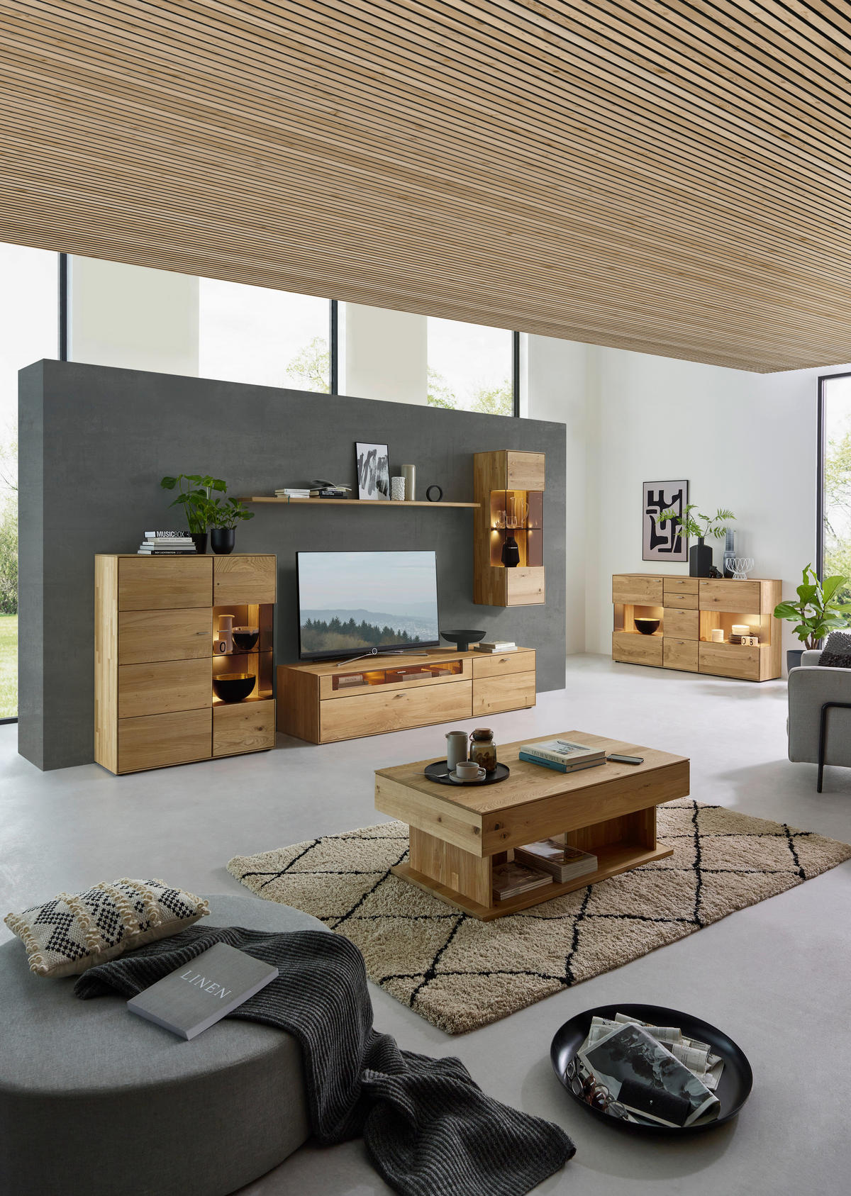 WOHNWAND  in Eichefarben  332,7/202,4/54,5 cm  - Edelstahlfarben/Eichefarben, KONVENTIONELL, Glas/Holz (332,7/202,4/54,5cm) - Valnatura