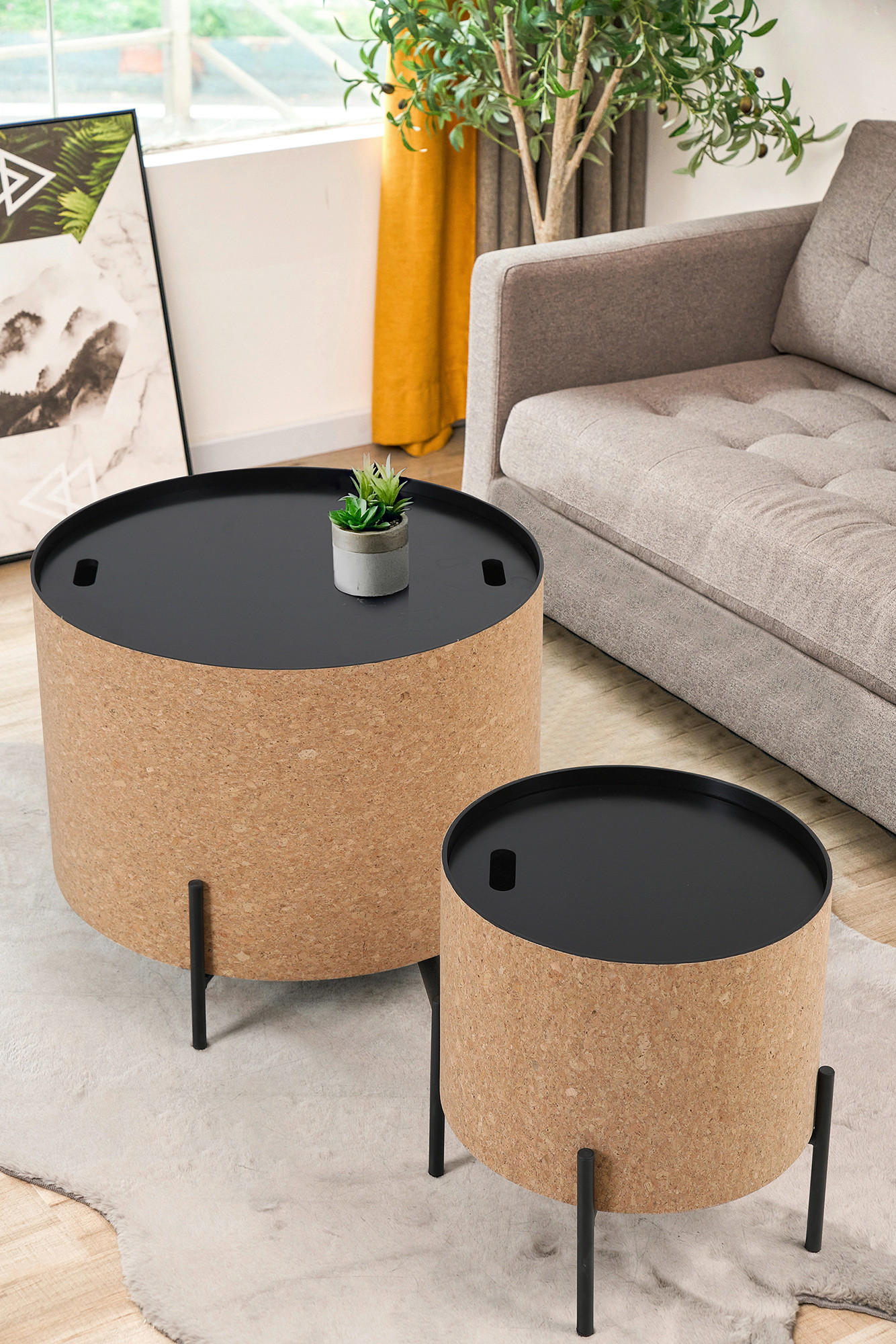 COUCHTISCHSET Kork 63-41,5/63-41,5/48,5-36,5 cm rund Naturfarben, Schwarz  - Schwarz/Naturfarben, Design, Holz/Holzwerkstoff (63-41,5/63-41,5/48,5-36,5cm) - Livetastic