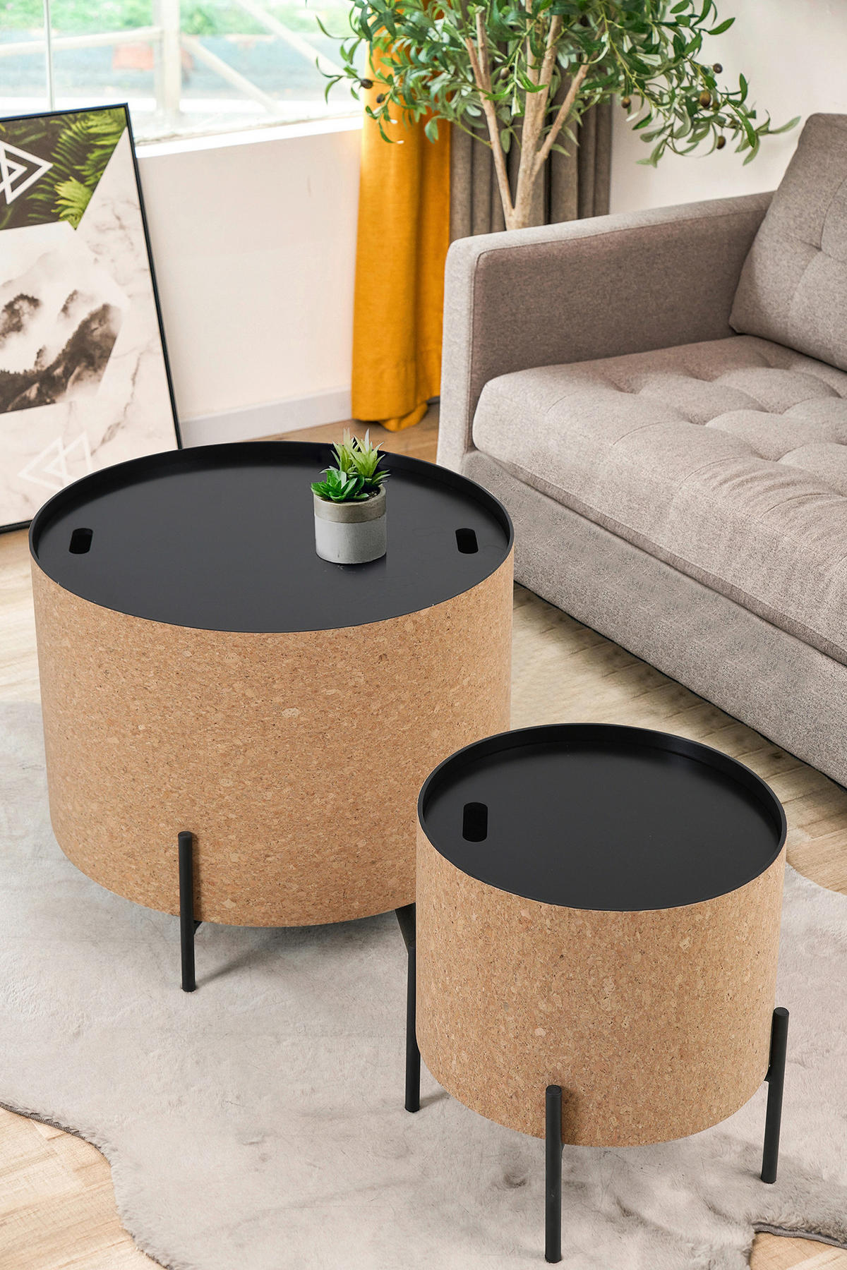 COUCHTISCHSET Kork 63-41,5/63-41,5/48,5-36,5 cm rund Naturfarben, Schwarz  - Schwarz/Naturfarben, Design, Holz/Holzwerkstoff (63-41,5/63-41,5/48,5-36,5cm) - Livetastic