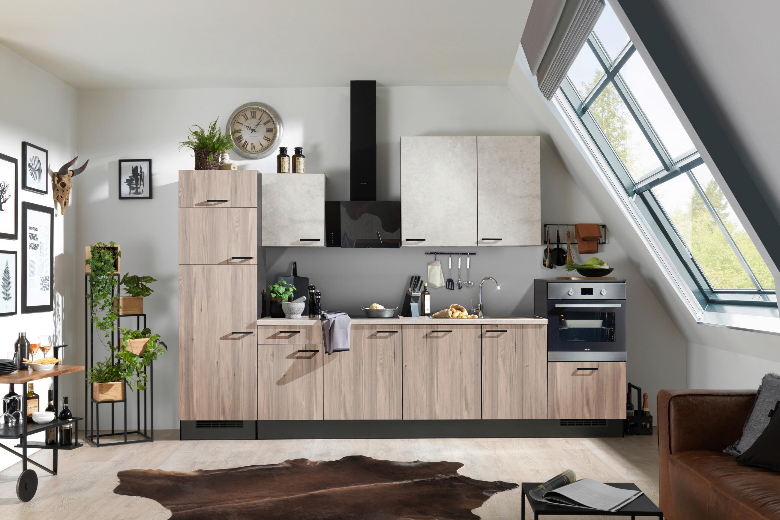 KÜCHENLEERBLOCK 340 cm   in Graphitfarben, Hellgrau, Tannenholzfarben  - Tannenholzfarben/Hellgrau, Design, Holzwerkstoff/Metall (340cm) - Xora