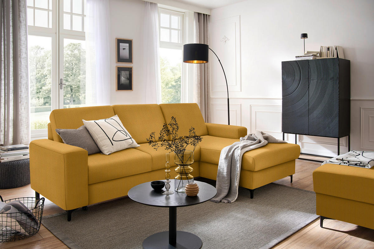 ECKSOFA Currygelb Cord  - Currygelb/Schwarz, KONVENTIONELL, Textil/Metall (247/167cm) - Stylife