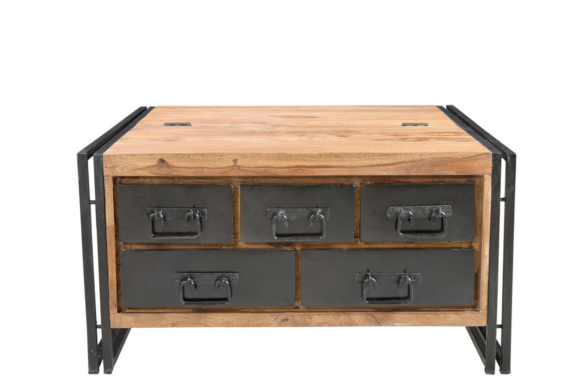 COUCHTISCH Akazie massiv 90/90/47 cm quadratisch Naturfarben, Schwarz  - Schwarz/Naturfarben, Design, Holz/Metall (90/90/47cm) - MID.YOU