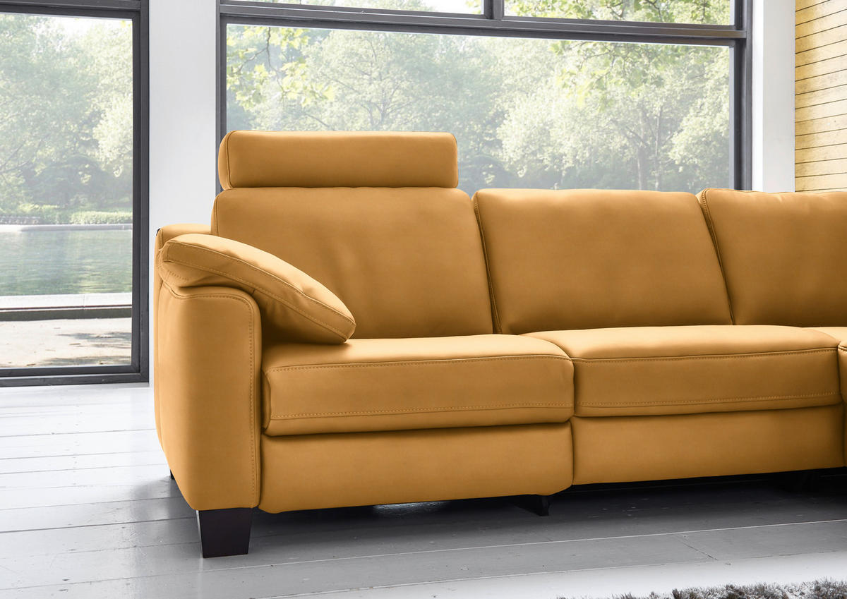 ECKSOFA in Echtleder Currygelb  - Currygelb/Eichefarben, Design, Leder/Holz (259/235cm) - Valdera