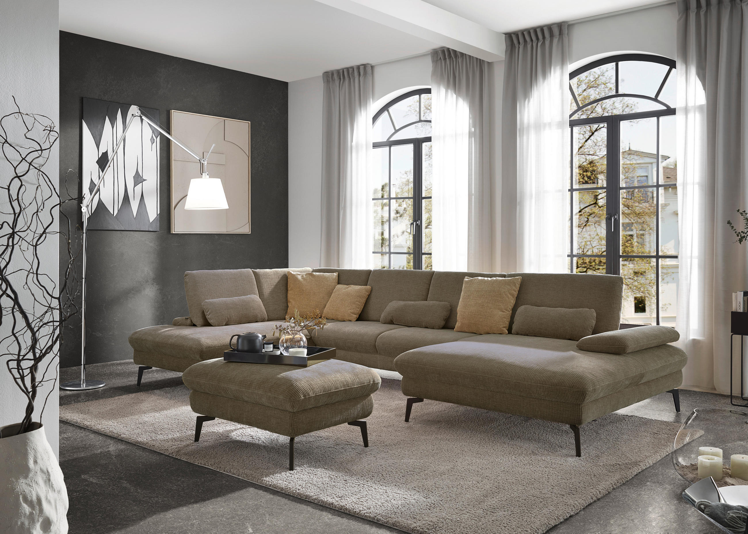 WOHNLANDSCHAFT in Webstoff Hellbraun  - Hellbraun/Schwarz, Design, Textil/Metall (208/354/157cm) - Dieter Knoll