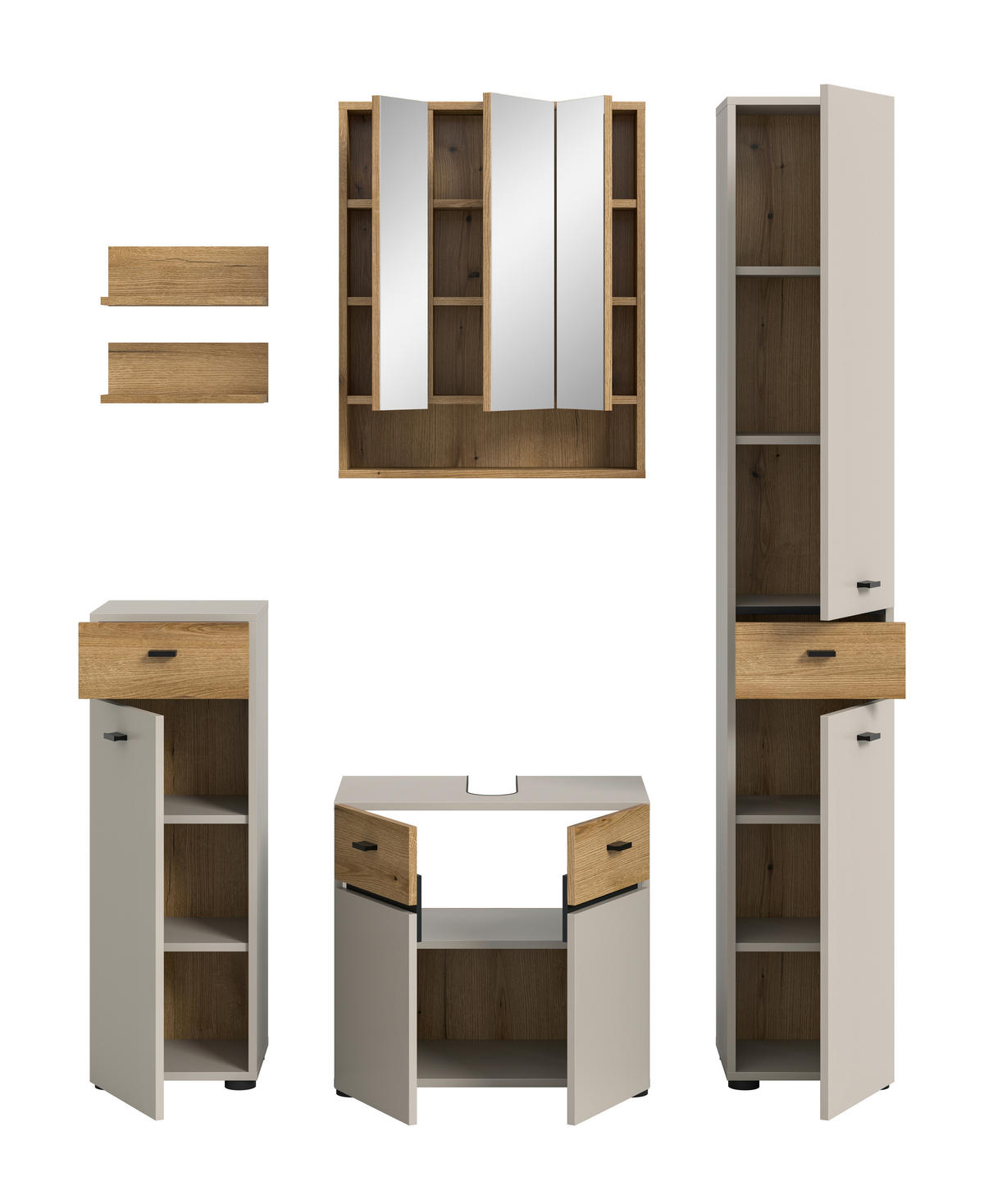 BADEZIMMER 5-teilig  in 124 cm  - Kaschmir/Eichefarben, Trend, Glas/Holzwerkstoff (124cm) - MID.YOU