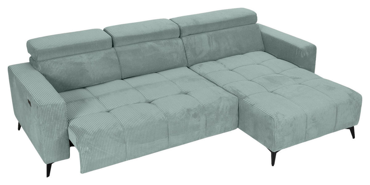 ECKSOFA Olivgrün Cord Rücken echt, Kopfteilverstellung, Sitzvorzug  - Schwarz/Olivgrün, KONVENTIONELL, Textil/Metall (257/170cm) - Carryhome