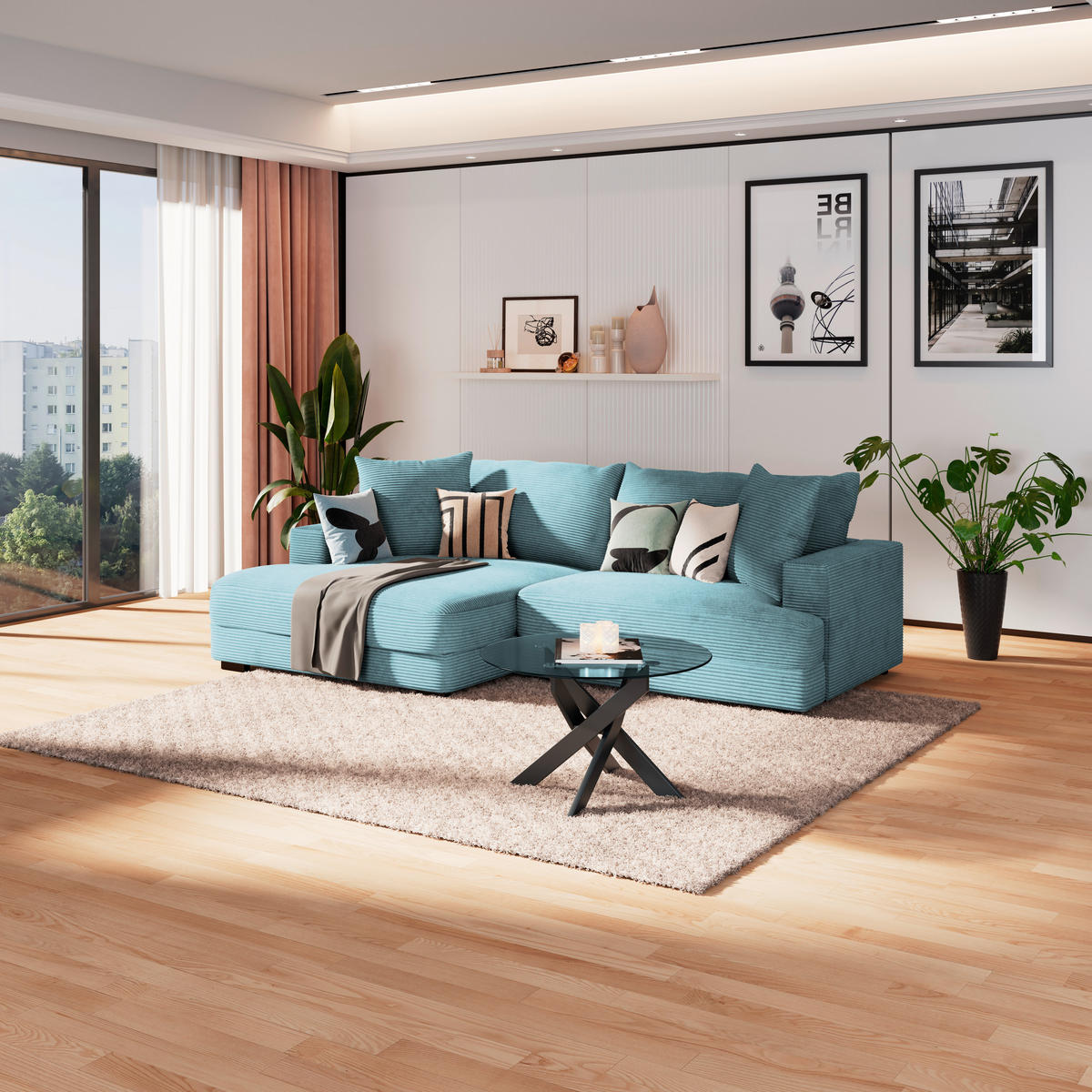 ECKSOFA Türkis Cord  - Türkis/Schwarz, MODERN, Textil (180/265cm) - P & B