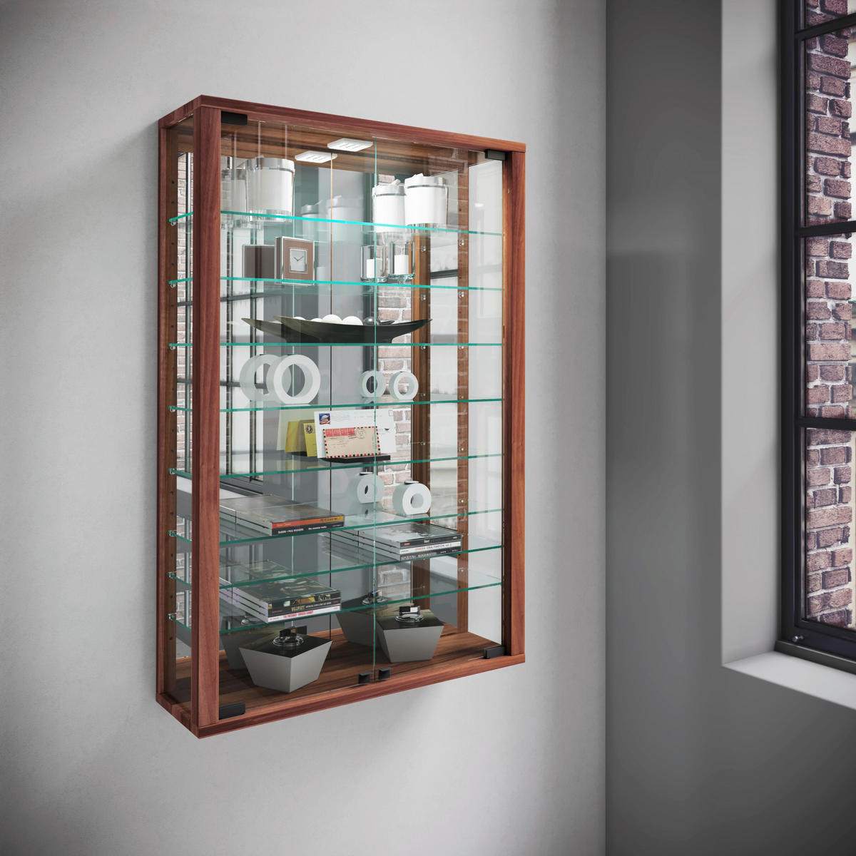 HÄNGEVITRINE in Nussbaumfarben  - Nussbaumfarben/Schwarz, MODERN, Glas/Holzwerkstoff (59/91,3/18cm) - MID.YOU