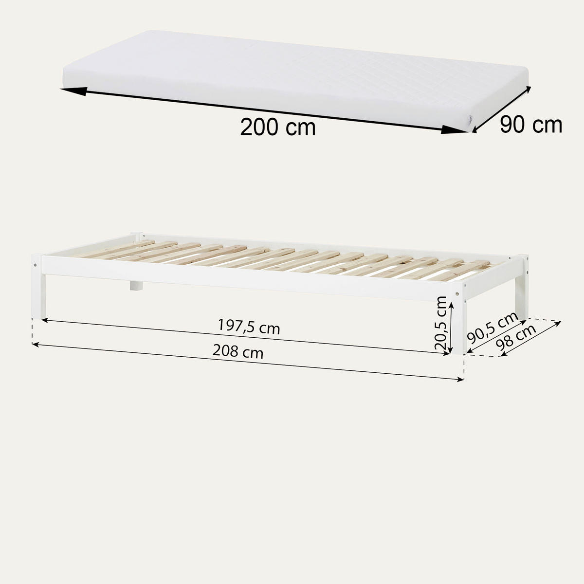BETT 90/200 cm  in Weiß  - Naturfarben/Weiß, MODERN, Holz (90/200cm) - MID.YOU