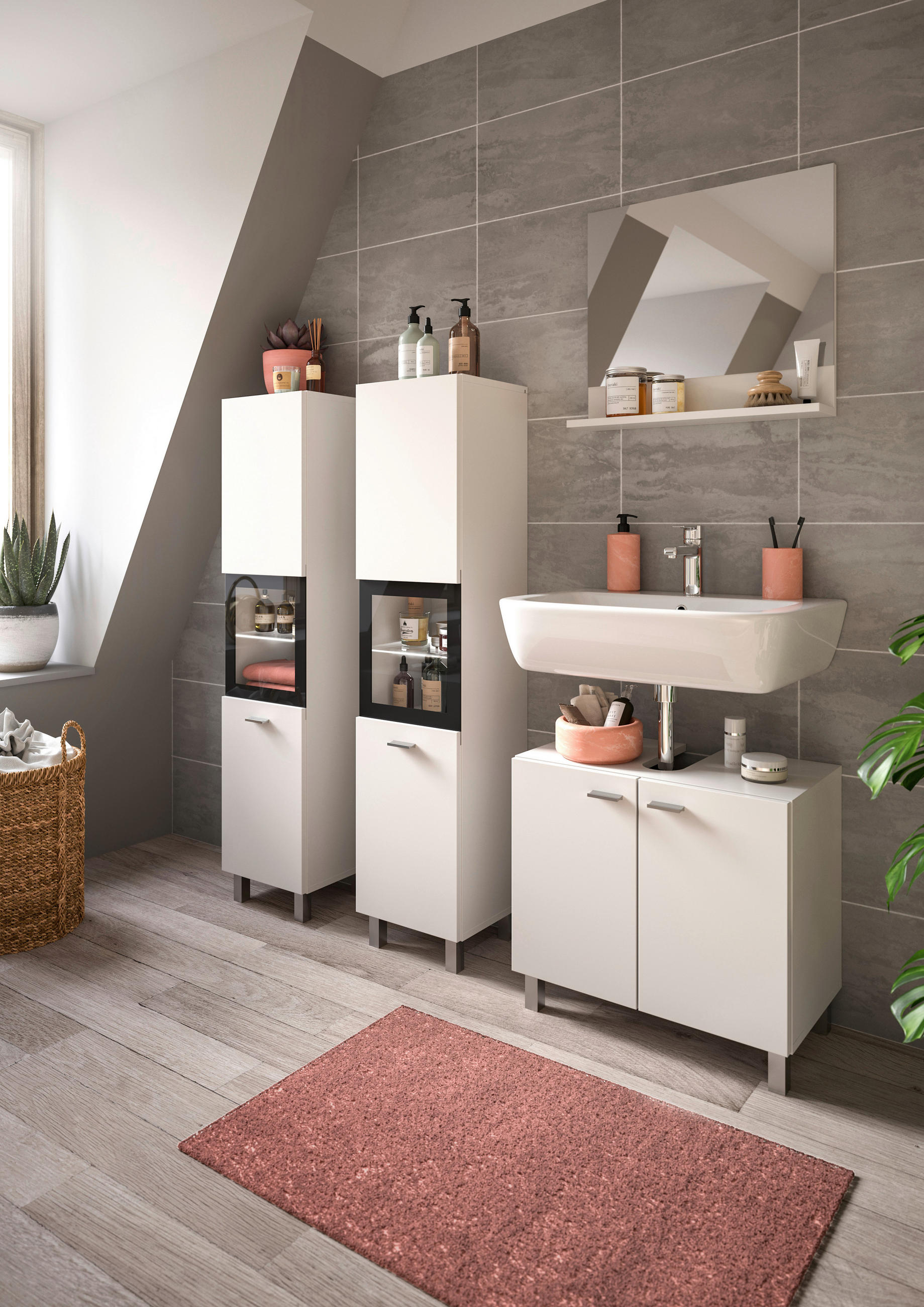 BADEZIMMER 4-teilig  in 117 cm  - Silberfarben/Weiß, MODERN, Glas/Holzwerkstoff (117cm) - MID.YOU